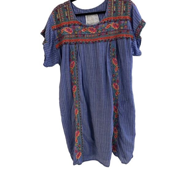 Johnny Was 3J Workshop Blue Striped Tunic Dress Floral Embroidery Boho Artsy - Picture 1 of 9